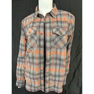 Prana Asylum Mens Thermal Lined Snap Button Flannel Shirt Grey Ornge Small Plaid